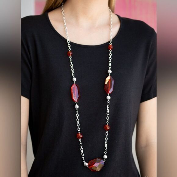 Set!! Long large red crystal bead with silver bead accent necklace and earrings - Picture 1 of 3